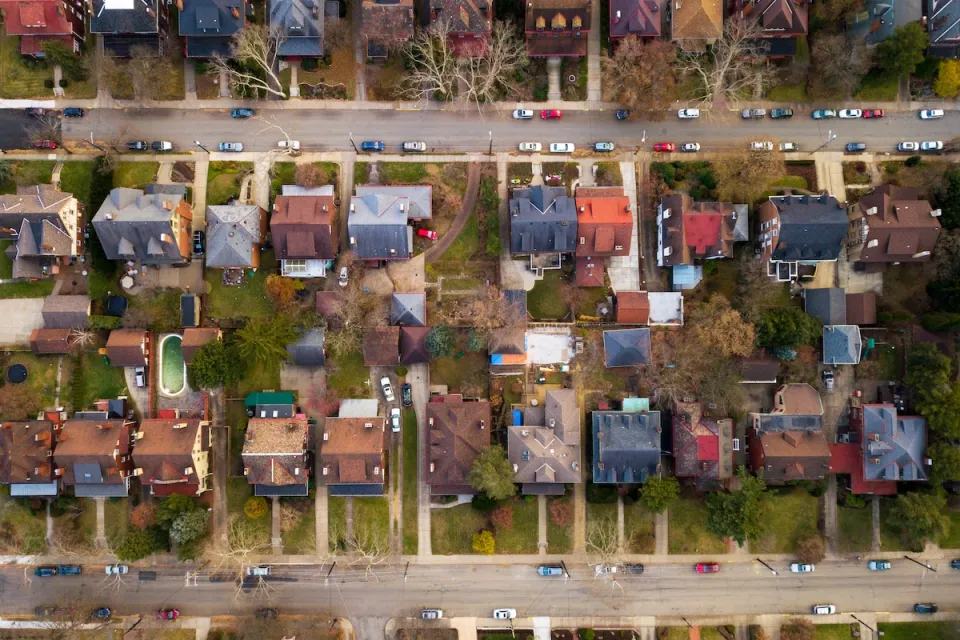 Bird's eye view of single-family homes in Pittsburgh, Pennsylvania.